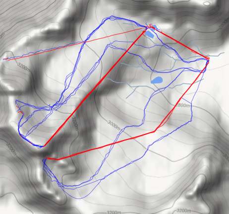 Our first day skiing. On the left the basemap is a satellite photo, on the right it’s a terrain map. Lifts are in red, runs in blue.