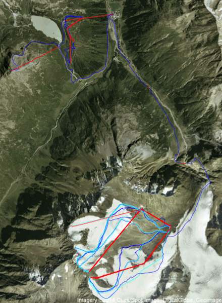First and third day skiing on the same plots. Day one is a lighter blue.